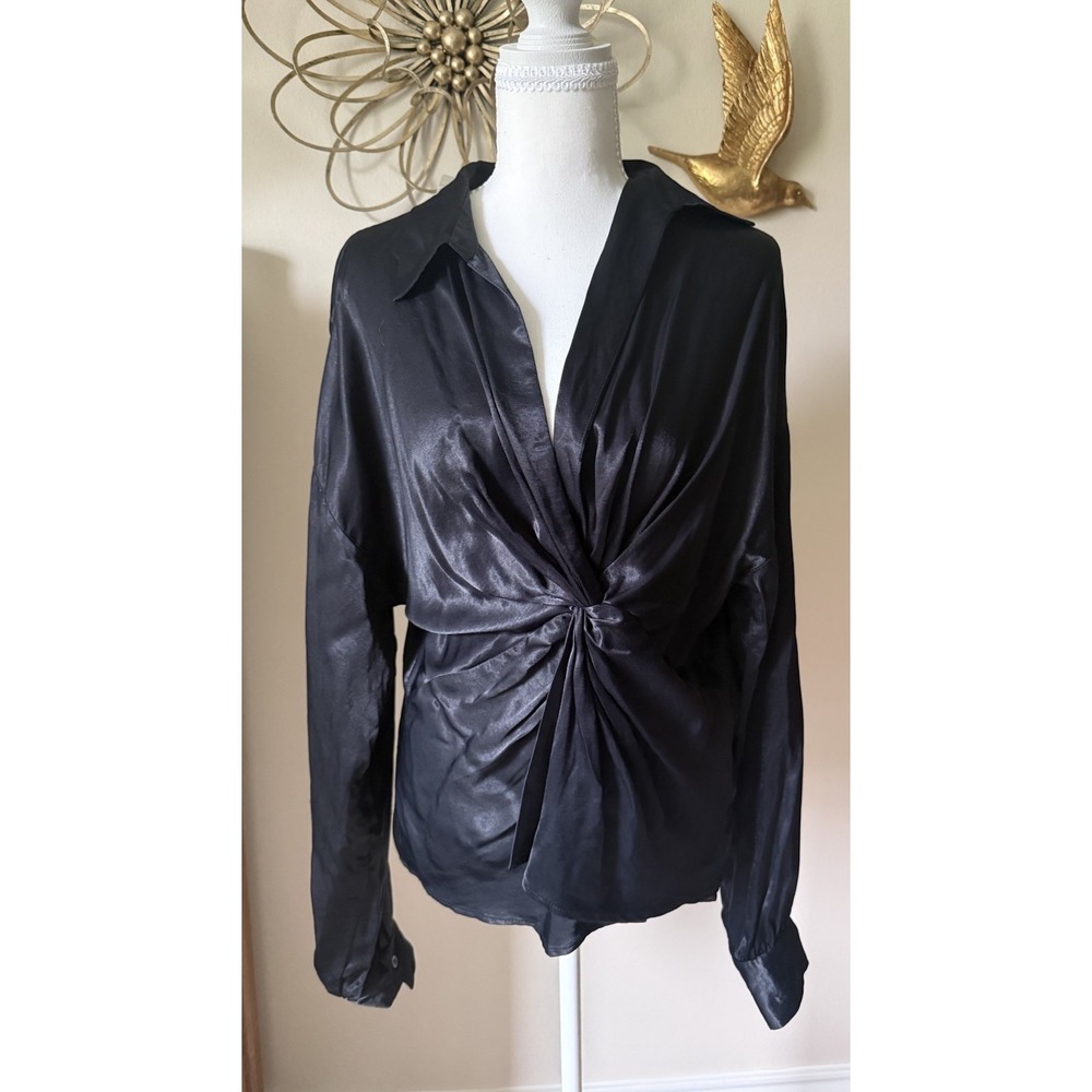 Topshop Black Satin Twist Front Blouse Women Size US 10 Silky Collared Top NWT